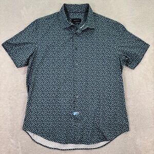 BUGATCHI Mens Large Short Sleeve Button Up Shirt Navy Leaf Print Comfort Stretch